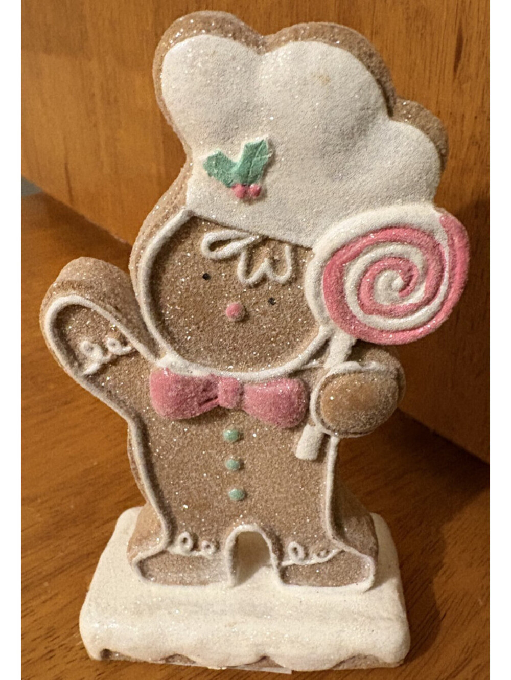 Chef Hat Gingerbread Man Figurine Pink Lollipop Cookie Statue Christmas Kitchen